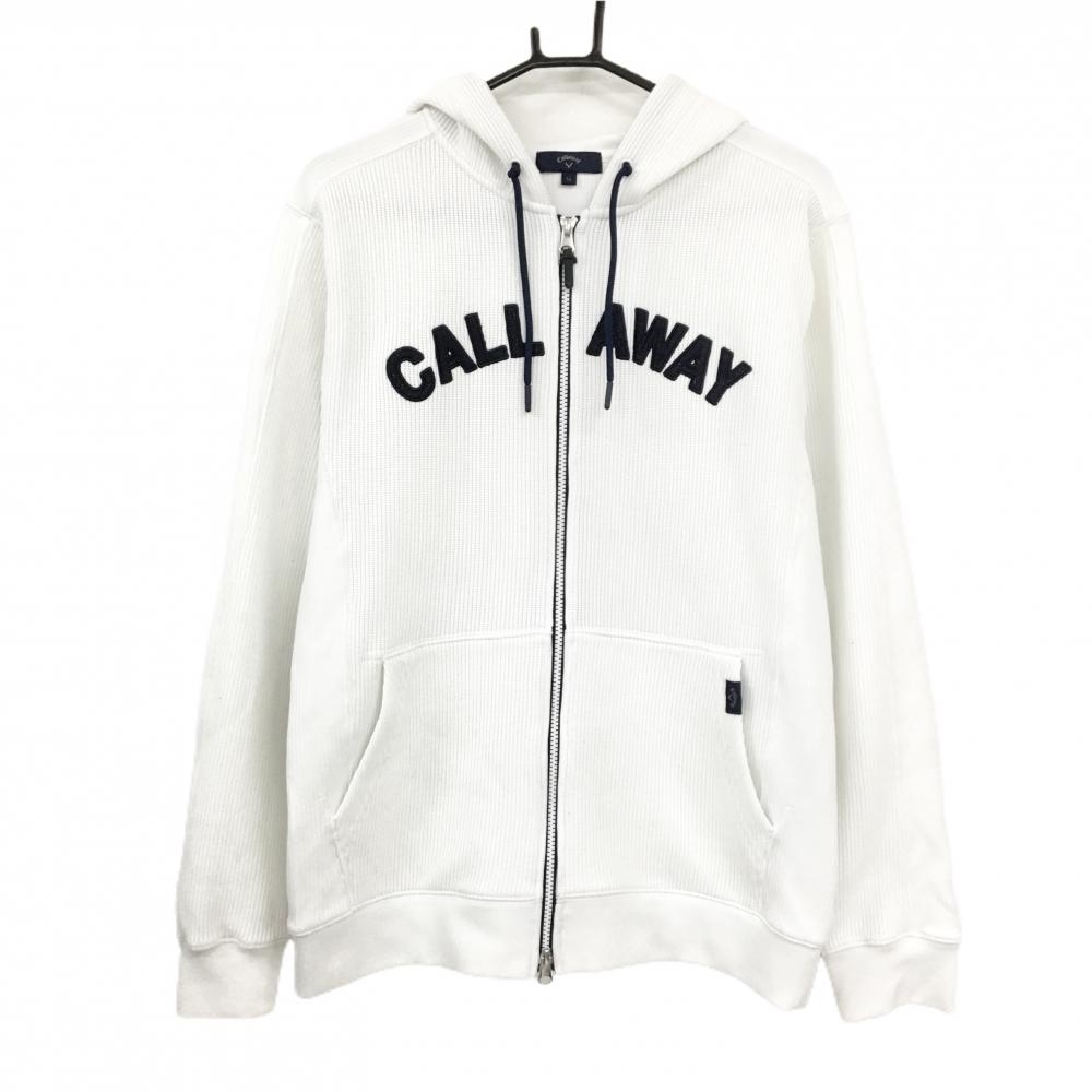 【美品】キャロウェイ ニットジップパーカー 白系×ネイビー フロントロゴ ダブルジップ  メンズ LL ゴルフウェア Callaway