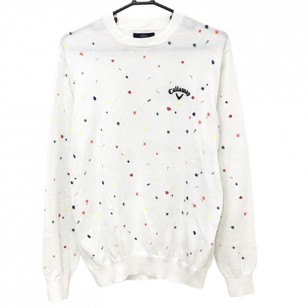キャロウェイ セーター 白×マルチカラー ペイント柄 ロゴ刺しゅう コットン混  メンズ LL ゴルフウェア Callaway