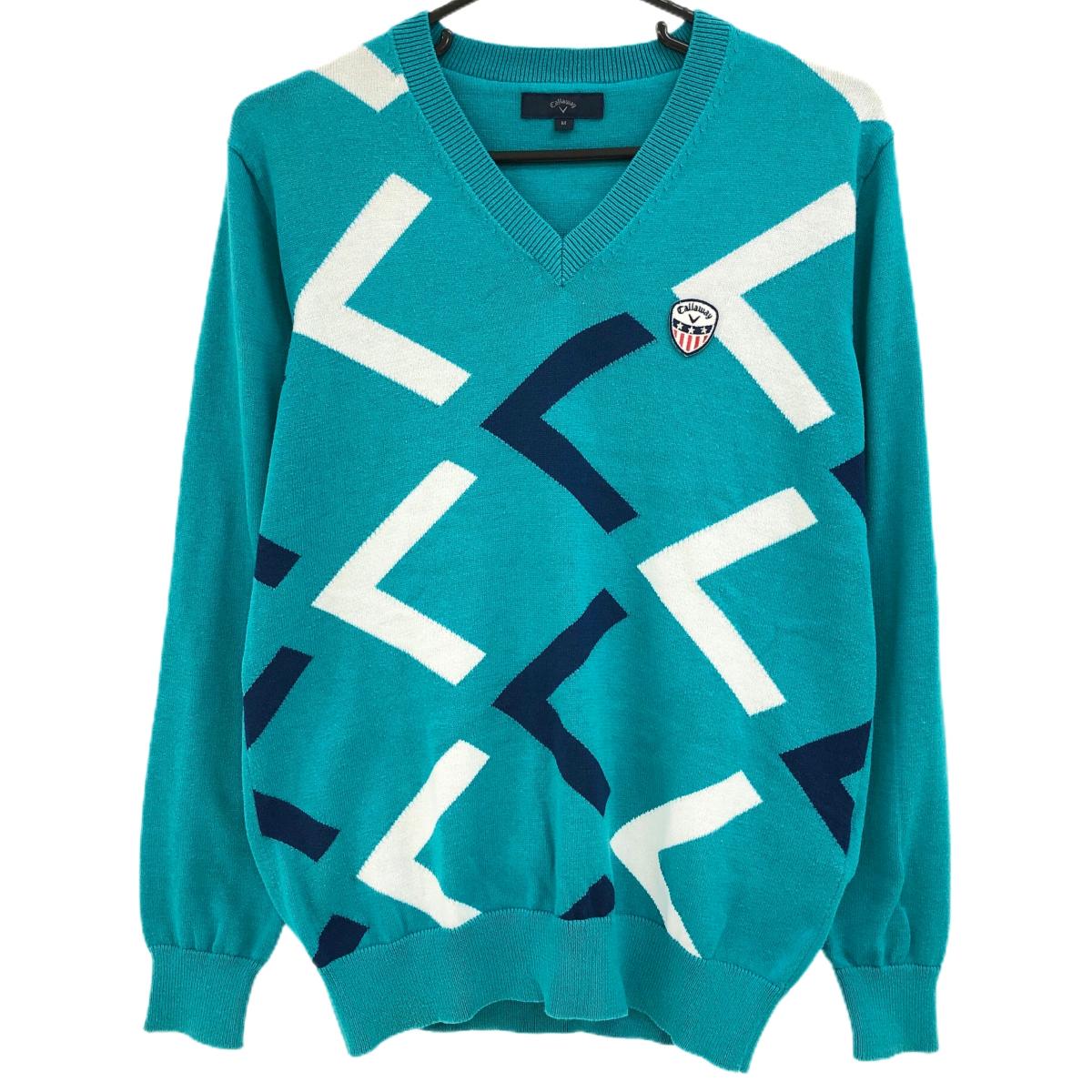 【美品】キャロウェイ セーター ブルーグリーン×白×ネイビー フロント柄 Vネック 綿混 メンズ M ゴルフウェア Callaway