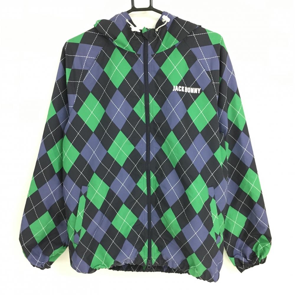 【美品】ジャックバニー ジップパーカー ダークネイビー×グリーン アーガイル柄 薄手 防風  メンズ 6(XL) ゴルフウェア Jack Bunny