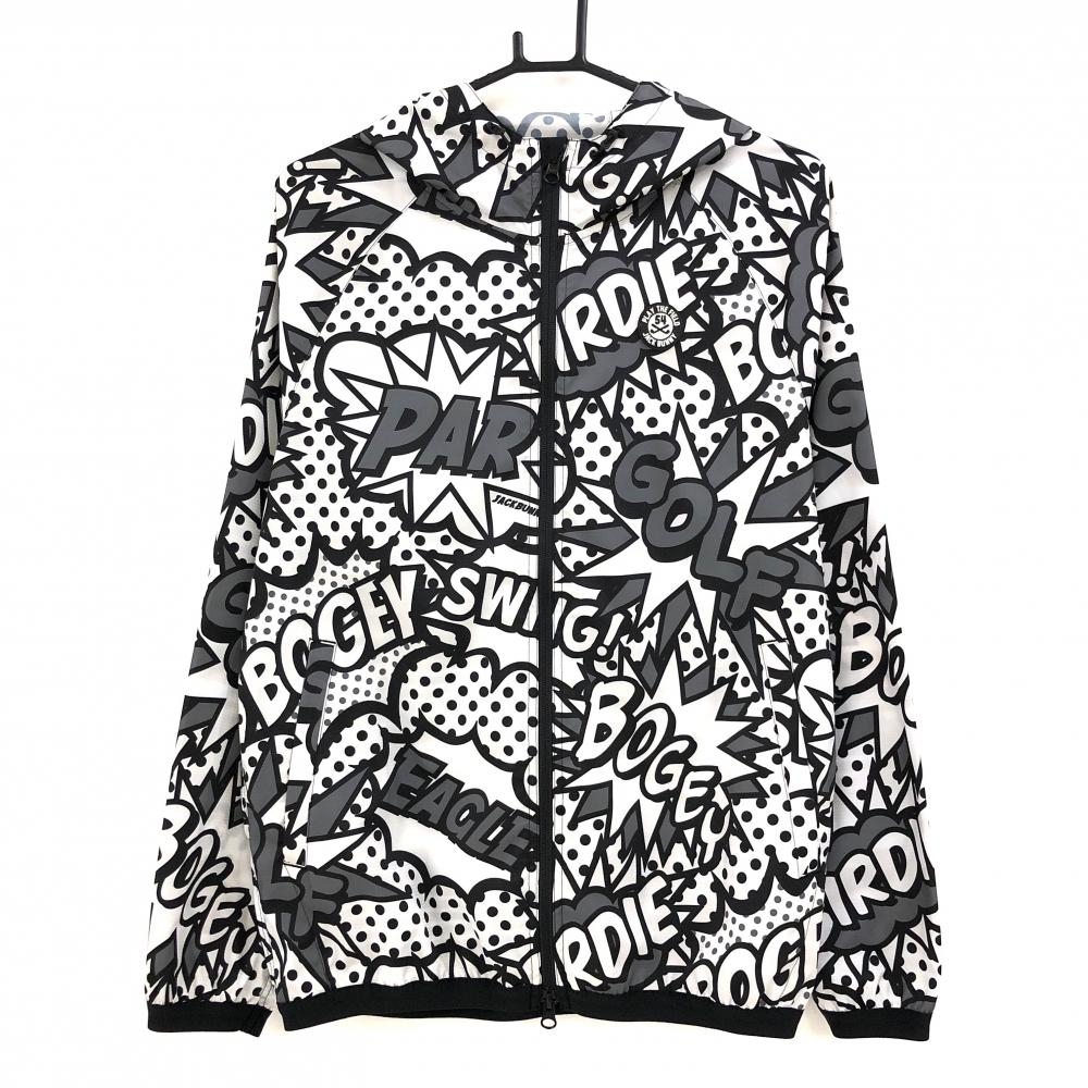 【美品】ジャックバニー フード付きジャケット 白×黒 総柄 シリコンワッペン フードドローコード メンズ 4(M) ゴルフウェア Jack Bunny
