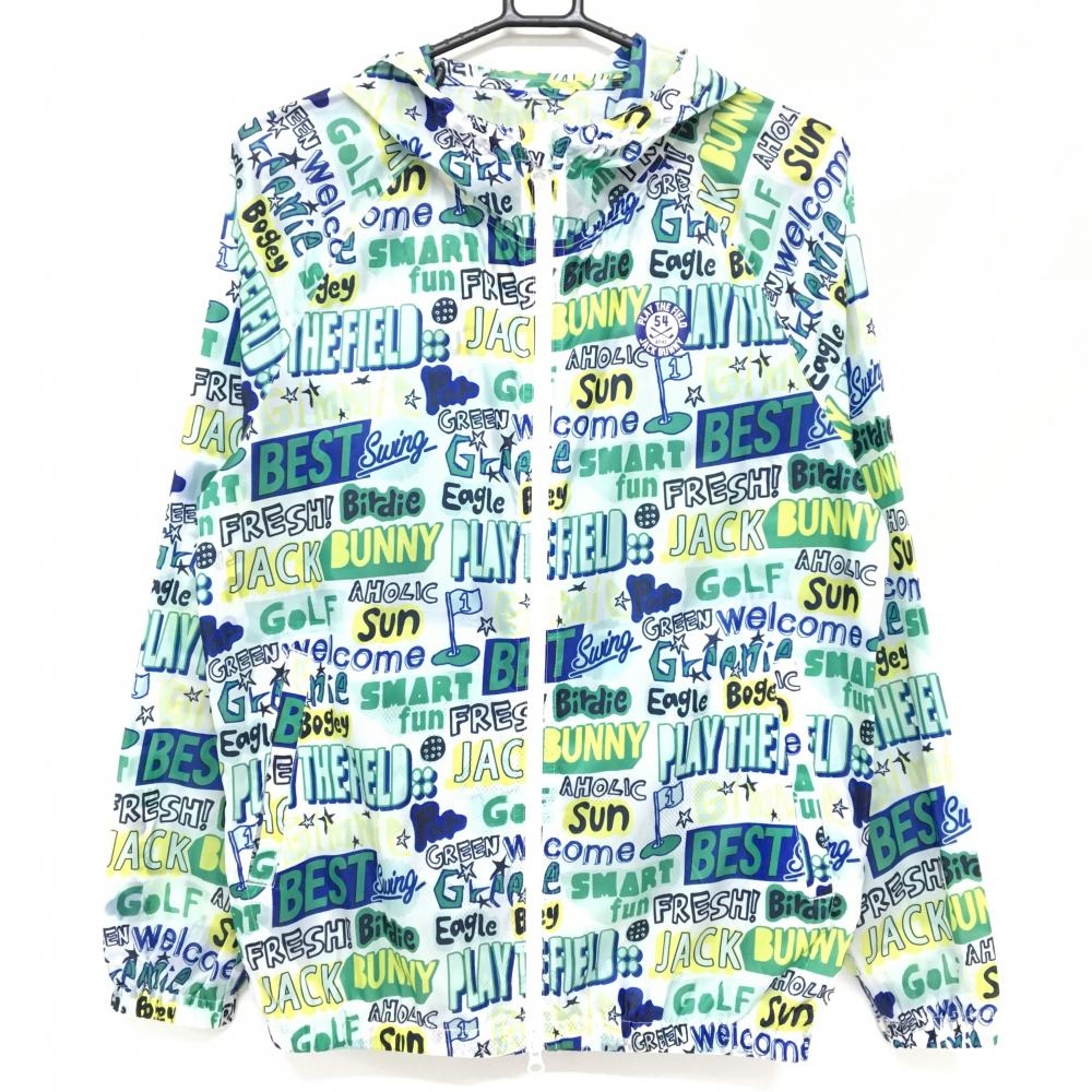 【超美品】ジャックバニー ジップパーカー 白×グリーン 英字総柄 ロゴプリント 薄手 メンズ 4(M) ゴルフウェア Jack Bunny