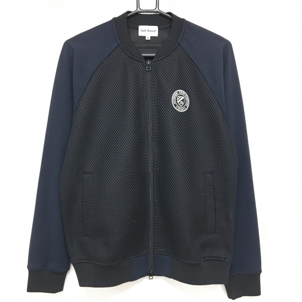 【超美品】ジャックバニー ジャケットブルゾン 黒×ネイビー 身頃メッシュ調 ロゴワッペン  メンズ 4(M) ゴルフウェア Jack Bunny