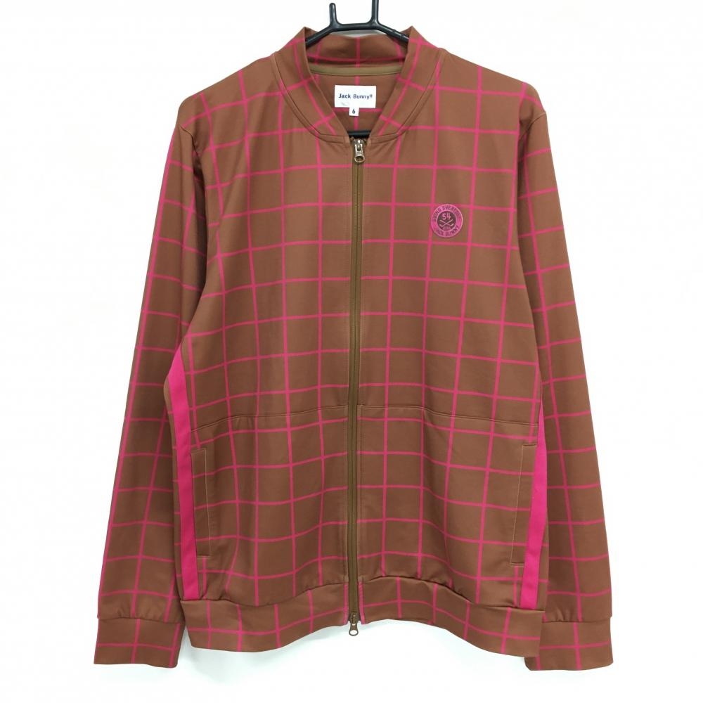 【美品】ジャックバニー ジャケットブルゾン ブラウン×ピンク 格子柄 ロゴワッペン メンズ 6(XL) ゴルフウェア Jack Bunny