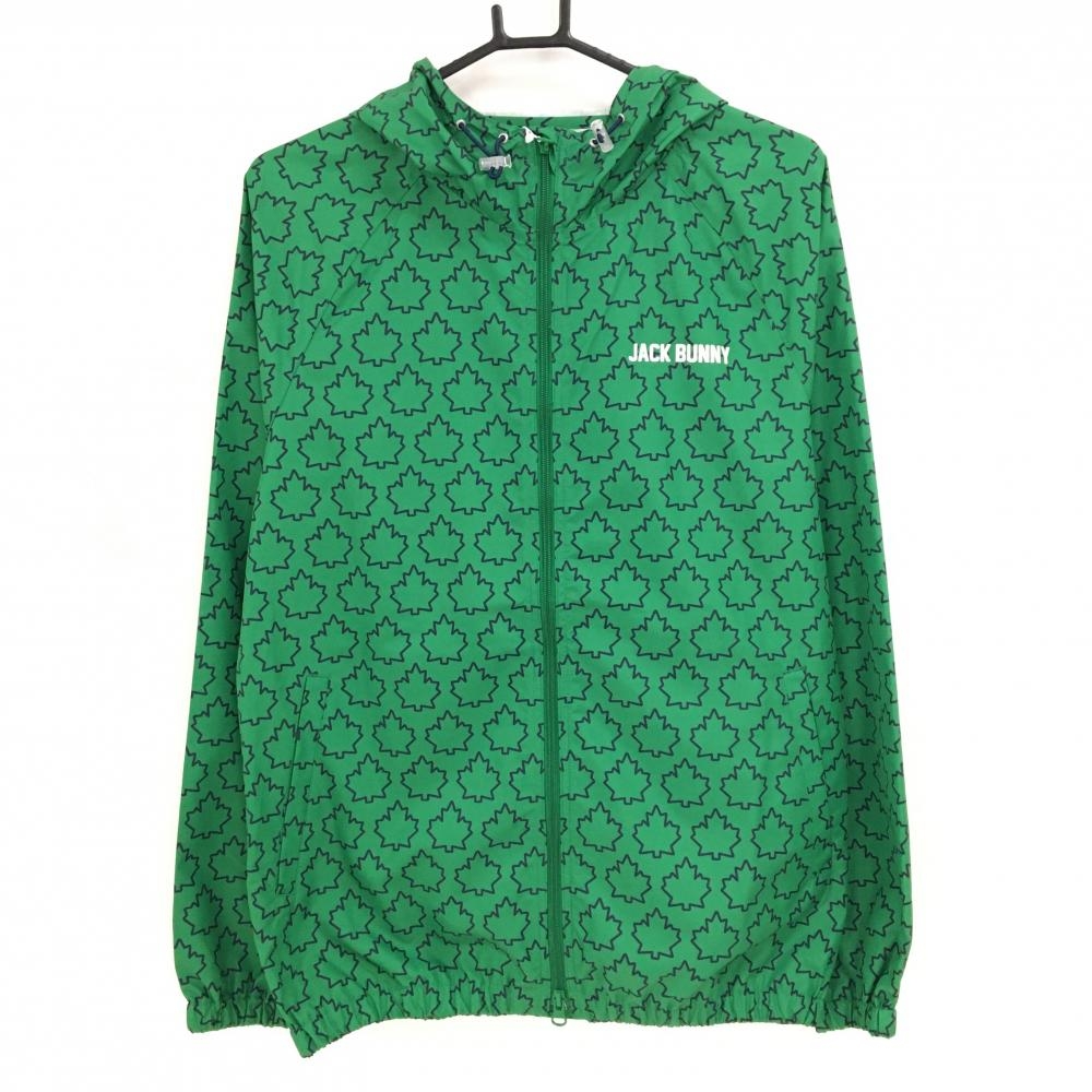 【新品】ジャックバニー ジップパーカー グリーン×ネイビー メイプルリーフ柄 ブルゾン 撥水 メンズ 5(L) ゴルフウェア Jack Bunny