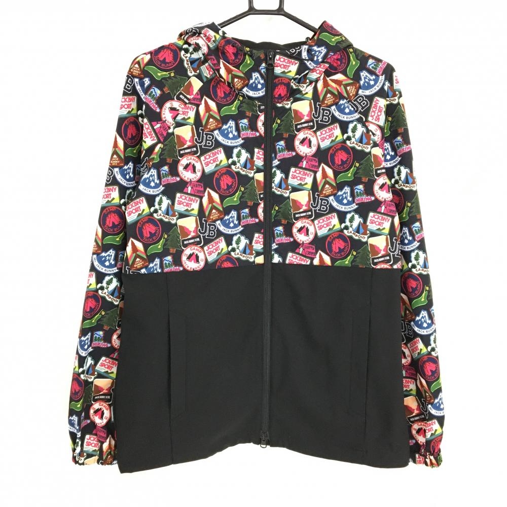 【超美品】ジャックバニー ジップパーカー 黒×マルチカラー 上部総柄 ダブルジップ メンズ 5(L) ゴルフウェア Jack Bunny