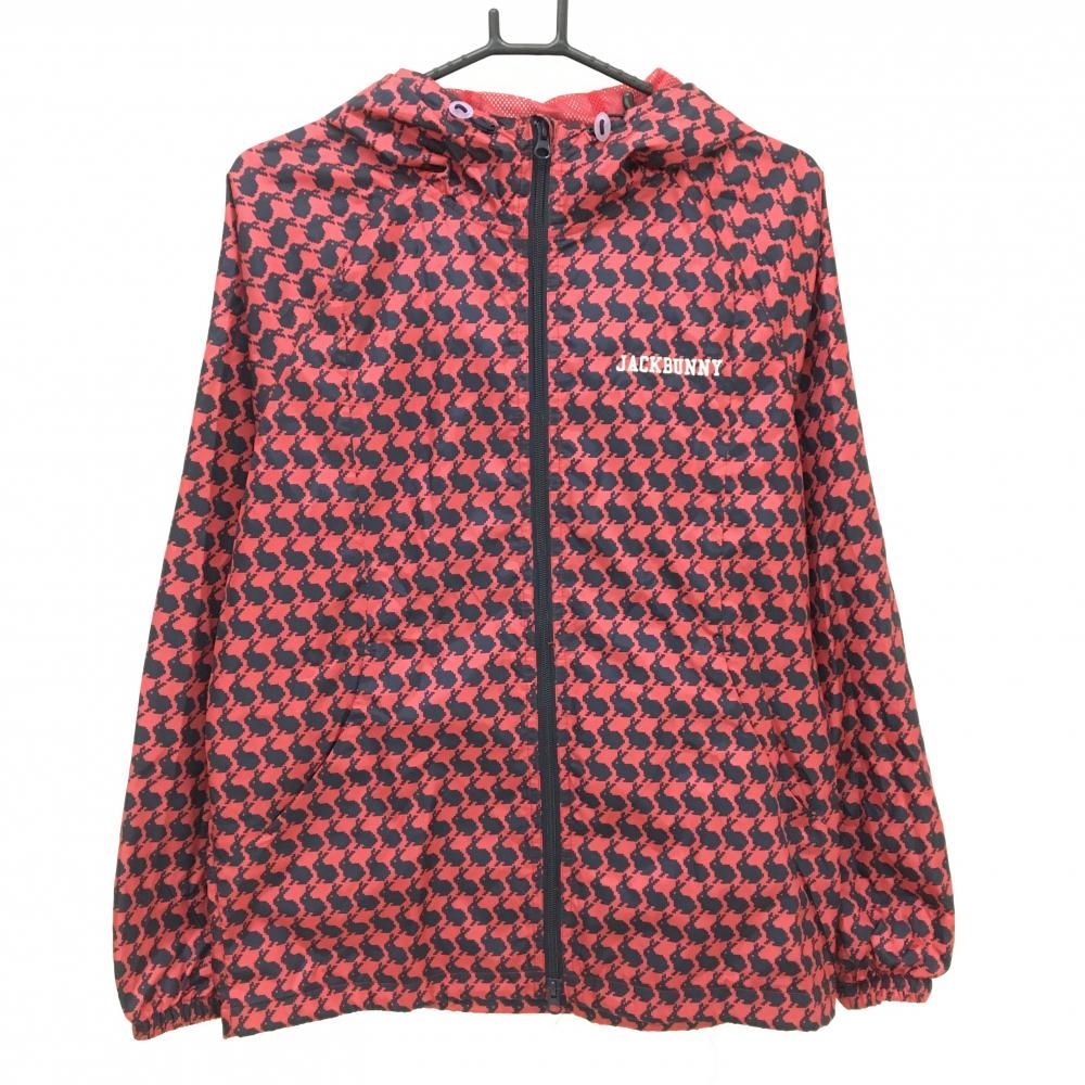 【超美品】ジャックバニー ジップパーカー レッド×黒 ウサギ総柄 裏地メッシュ 裾ドローコード メンズ 4(M) ゴルフウェア Jack Bunny