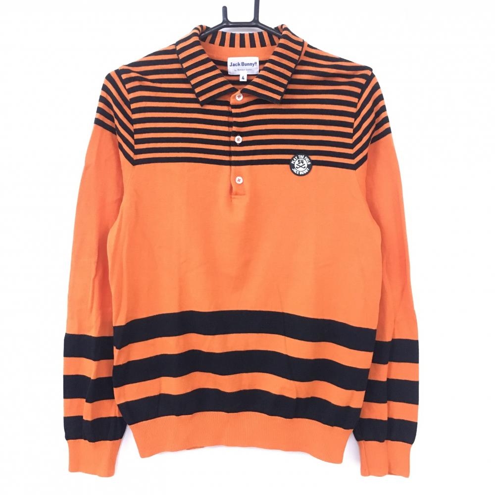【美品】ジャックバニー 襟付きセーター オレンジ×黒 一部ボーダー コットン100％ ニット メンズ 4(M) ゴルフウェア Jack Bunny