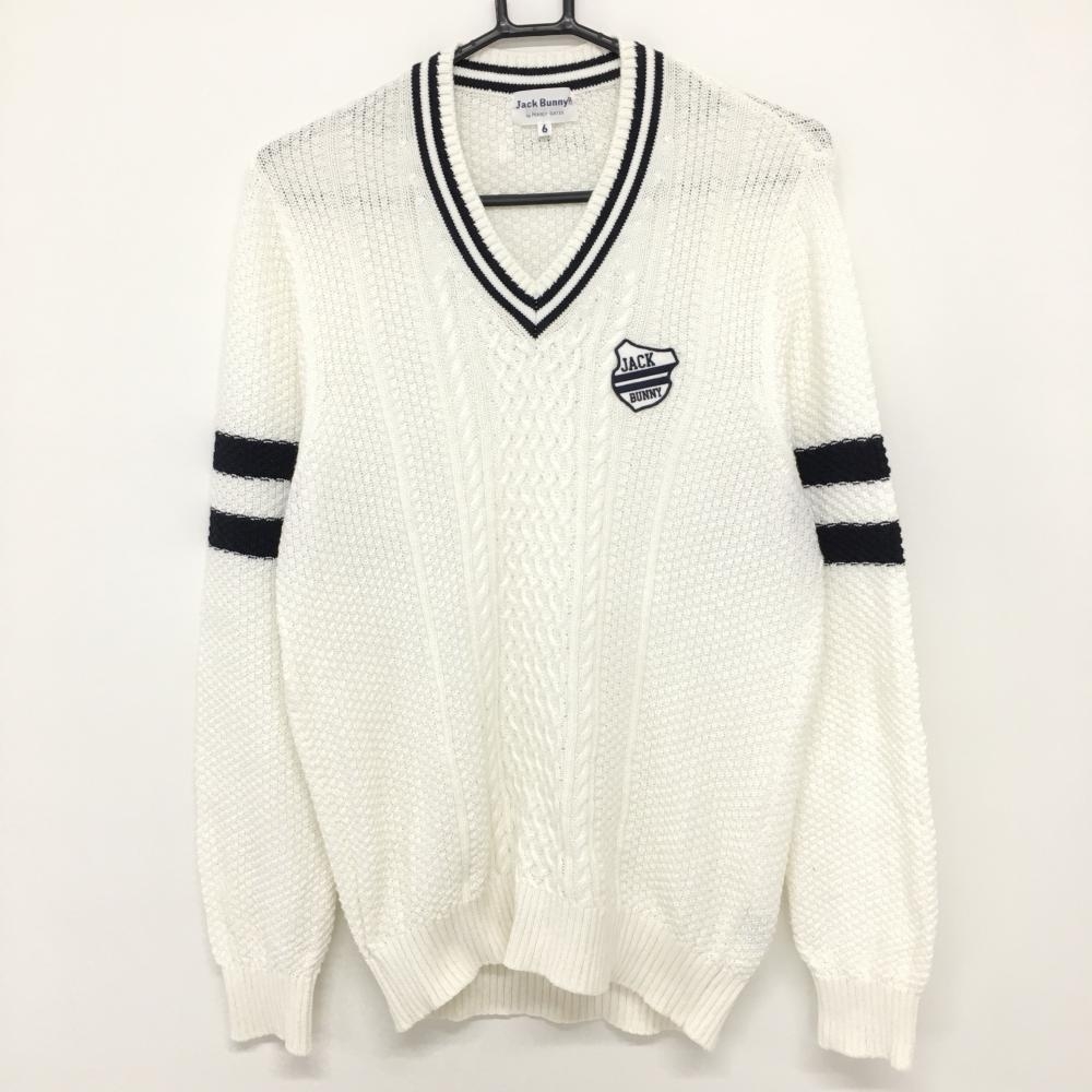 【美品】ジャックバニー セーター 白×ネイビー 前ケーブル編み コットン混 Vネック 袖ライン メンズ 6(XL) ゴルフウェア Jack Bunny