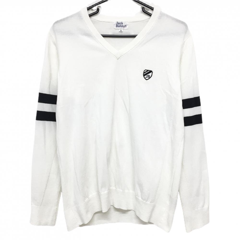 【超美品】ジャックバニー セーター 白×黒 袖2ライン Vネック ニット ナイロン混 メンズ 4(M) ゴルフウェア Jack Bunny