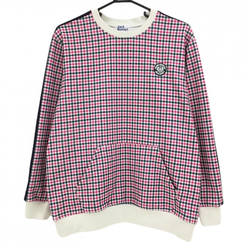 ジャックバニー トレーナー 白×ピンク ギンガムチェック 裏起毛 腹部ポケット  メンズ 6(XL) ゴルフウェア Jack Bunny