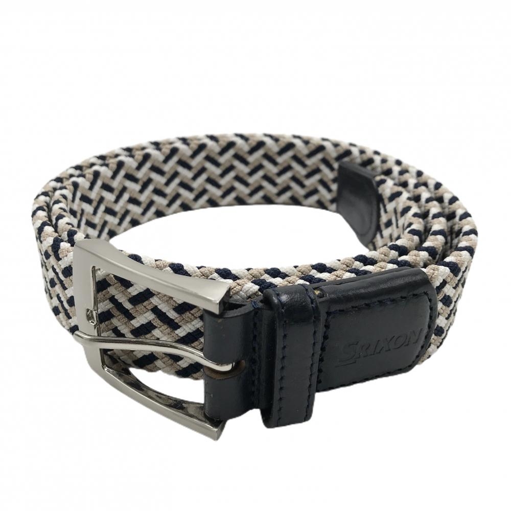 【美品】スリクソン メッシュベルト 白×ベージュ×ネイビー ストレッチ 編み込み シルバーバックル  メンズ  ゴルフウェア SRIXON