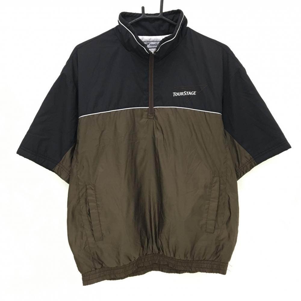 【美品】ツアーステージ 半袖中綿ブルゾン ブラウン×黒 ハーフジップ ロゴ刺しゅう メンズ L ゴルフウェア TOURSTAGE
