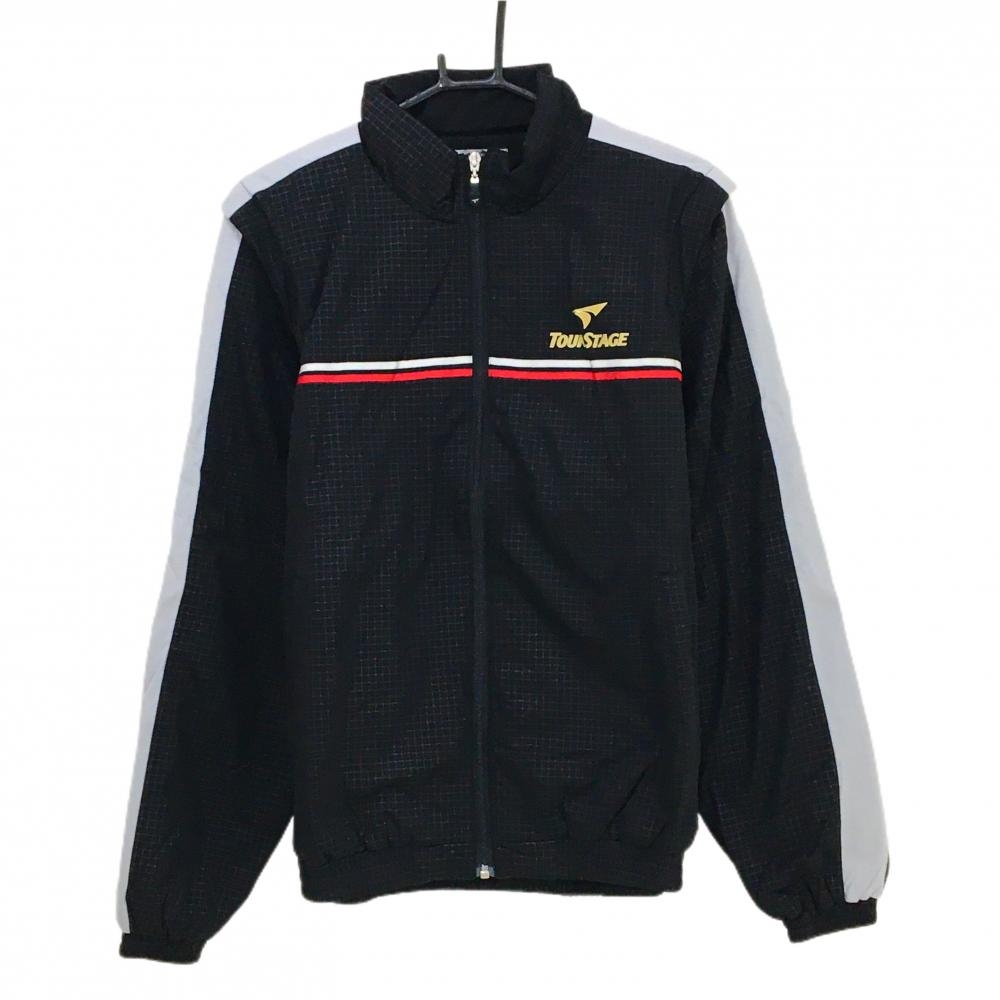 【超美品】ツアーステージ 2WAY中綿ジャケット 黒×グレー 格子柄地模様 ロゴ刺しゅう 袖着脱可 メンズ L ゴルフウェア TOURSTAGE