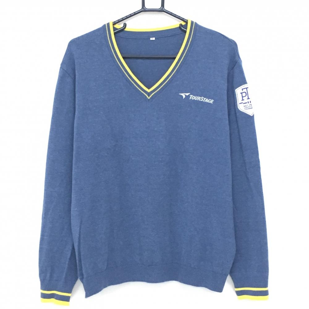 ツアーステージ セーター スモーキーブルー×イエロー Vネックロゴ刺しゅう ニット メンズ L ゴルフウェア TOURSTAGE