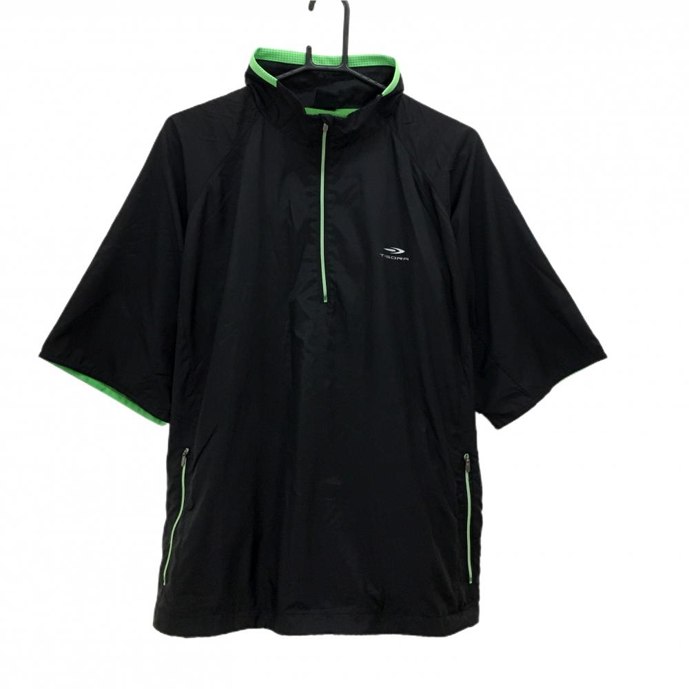 【超美品】ティゴラ 半袖ブルゾン 黒×ライトグリーン ハーフジップ 裏地メッシュ ドローコード  メンズ LL ゴルフウェア TIGORA