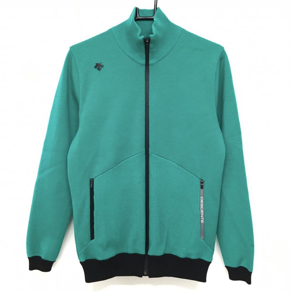 【美品】デサントゴルフ 中綿ニットジャケット グリーン×黒 裏地一部中綿 背面一部透かし編み ウール混 メンズ L ゴルフウェア DESCENTE