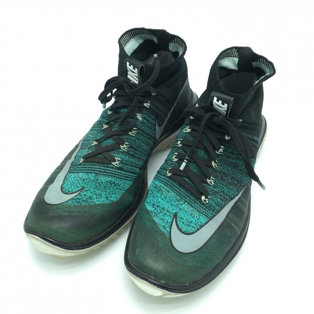 【美品】ナイキ ゴルフシューズ 黒×グリーン 844450-001 フライニットエリート スパイクレス メンズ 26.0 ゴルフウェア NIKE