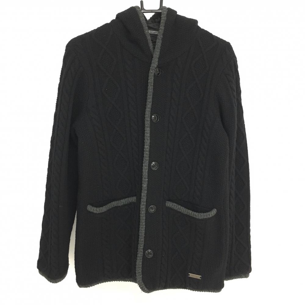 【超美品】バーバリー ブラックレーベル 中綿ニットジャケット 黒 ×グレー フード付き 羊毛 メンズ 2 ゴルフウェア BURBERRY GOLF