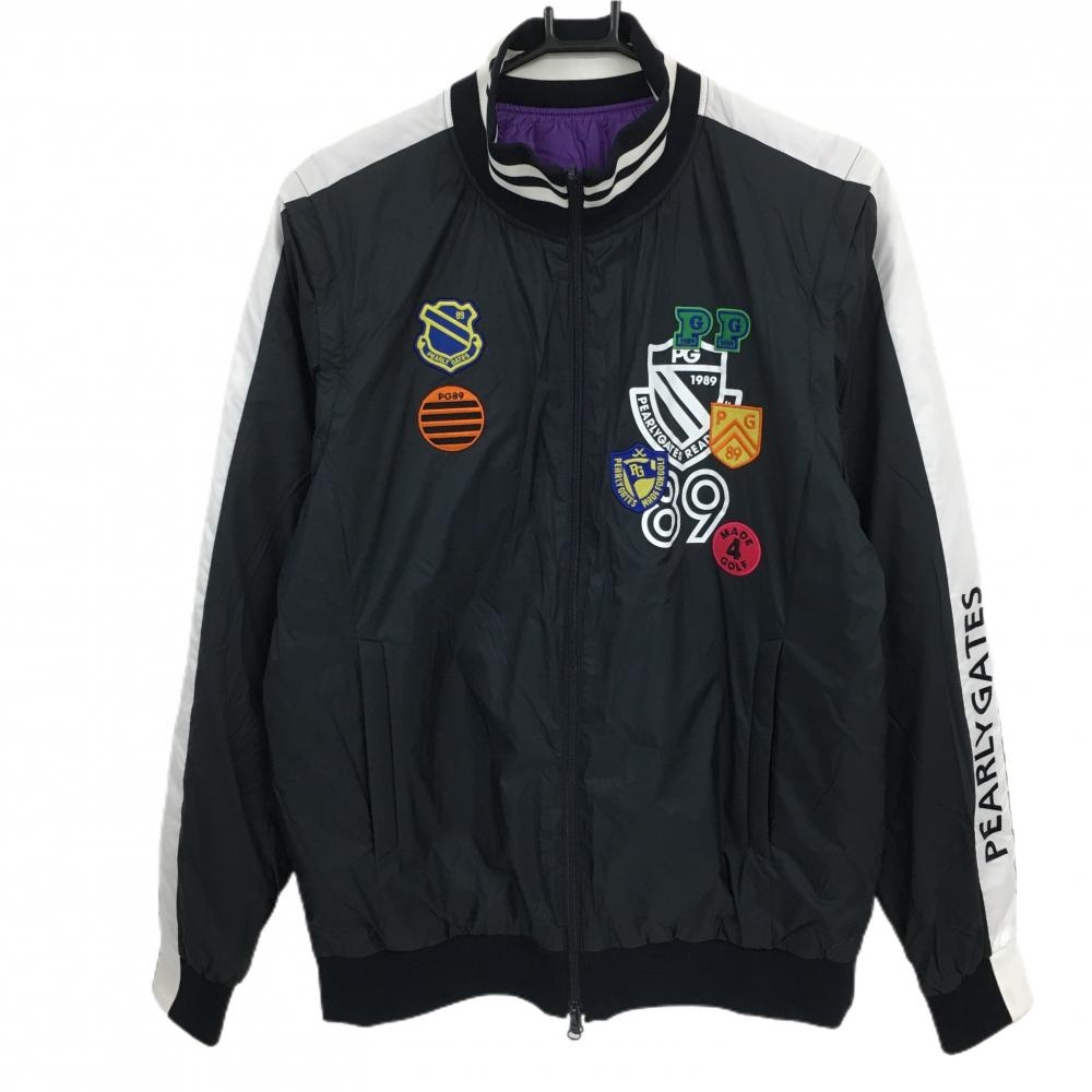 【美品】パーリーゲイツ 中綿リバーシブルジャケット 黒×白 複数ワッペン 袖着脱可 片面パープル メンズ 6(XL) ゴルフウェア PEARLY GATES