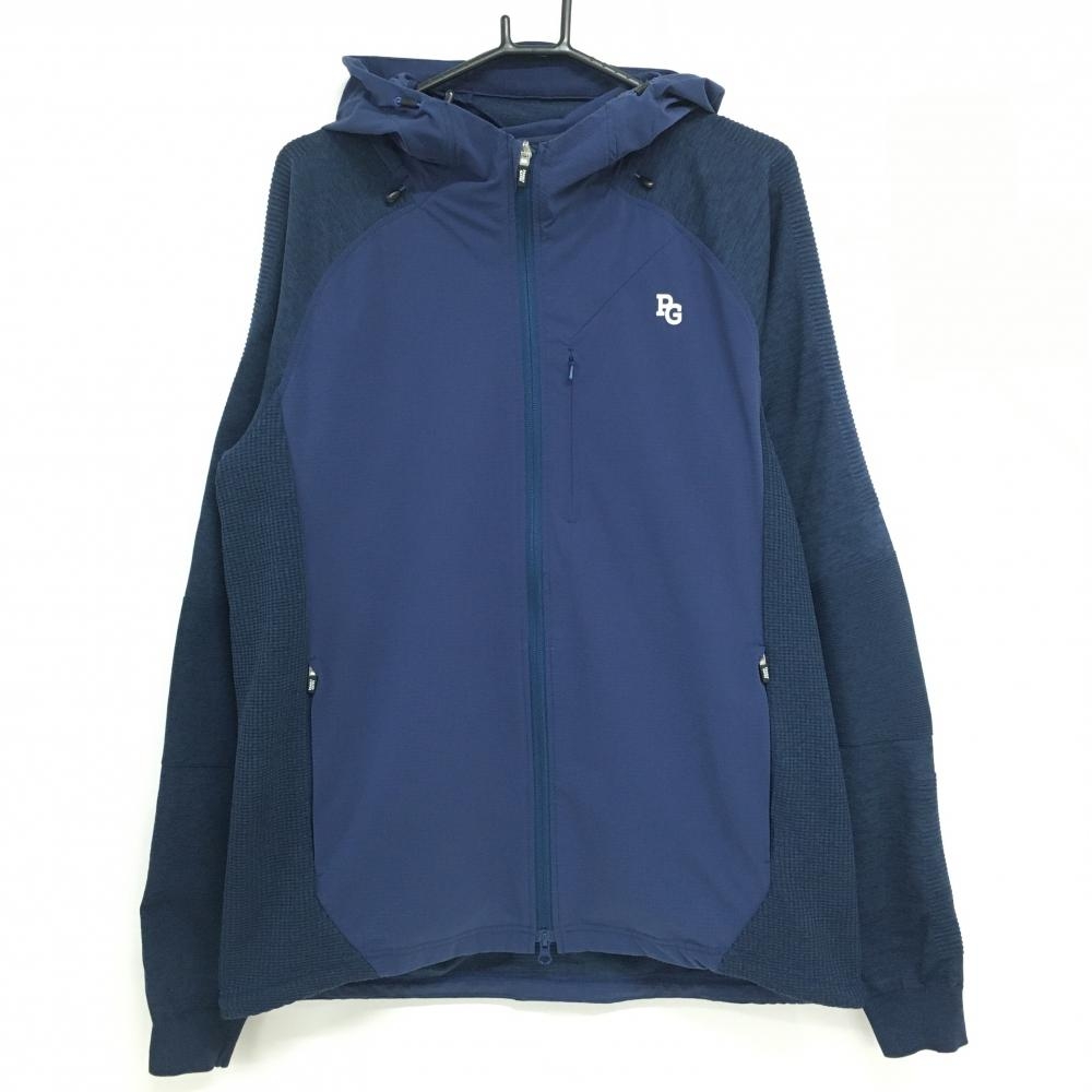 【美品】パーリーゲイツ 異素材ジップパーカー ネイビー 一部ニット ロゴ白  メンズ 7(2XL) ゴルフウェア 大きいサイズ PEARLY GATES