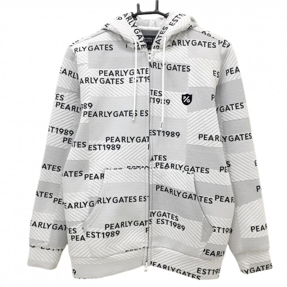 【美品】パーリーゲイツ ジップパーカー 白×ネイビー ロゴ総柄 ジャケット メンズ 3(S) ゴルフウェア PEARLY GATES