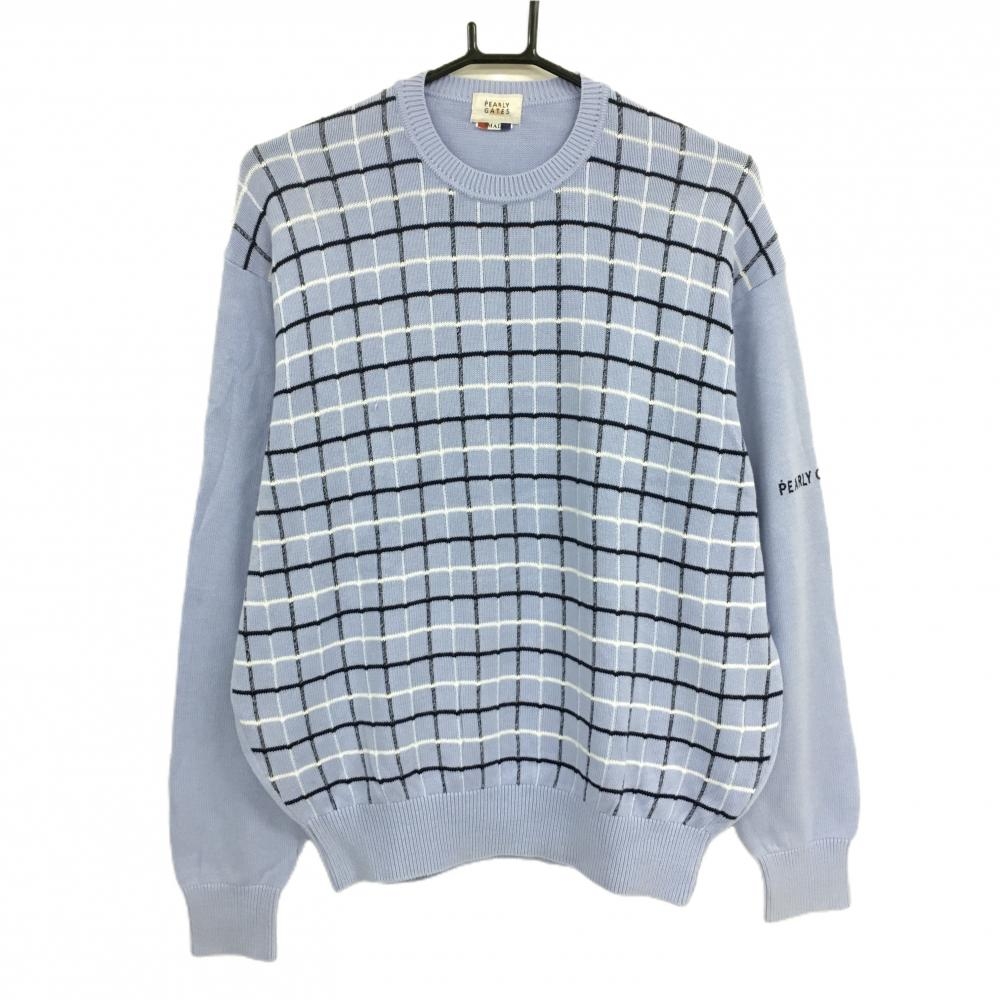 【美品】パーリーゲイツ セーター ライトブルー×黒×白 格子 コットン ニット メンズ SMALL ゴルフウェア PEARLY GATES
