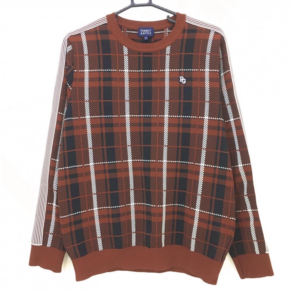 【超美品】パーリーゲイツ セーター ブラウン×白 チェック ニット メンズ 5(L) ゴルフウェア 2023年モデル PEARLY GATES