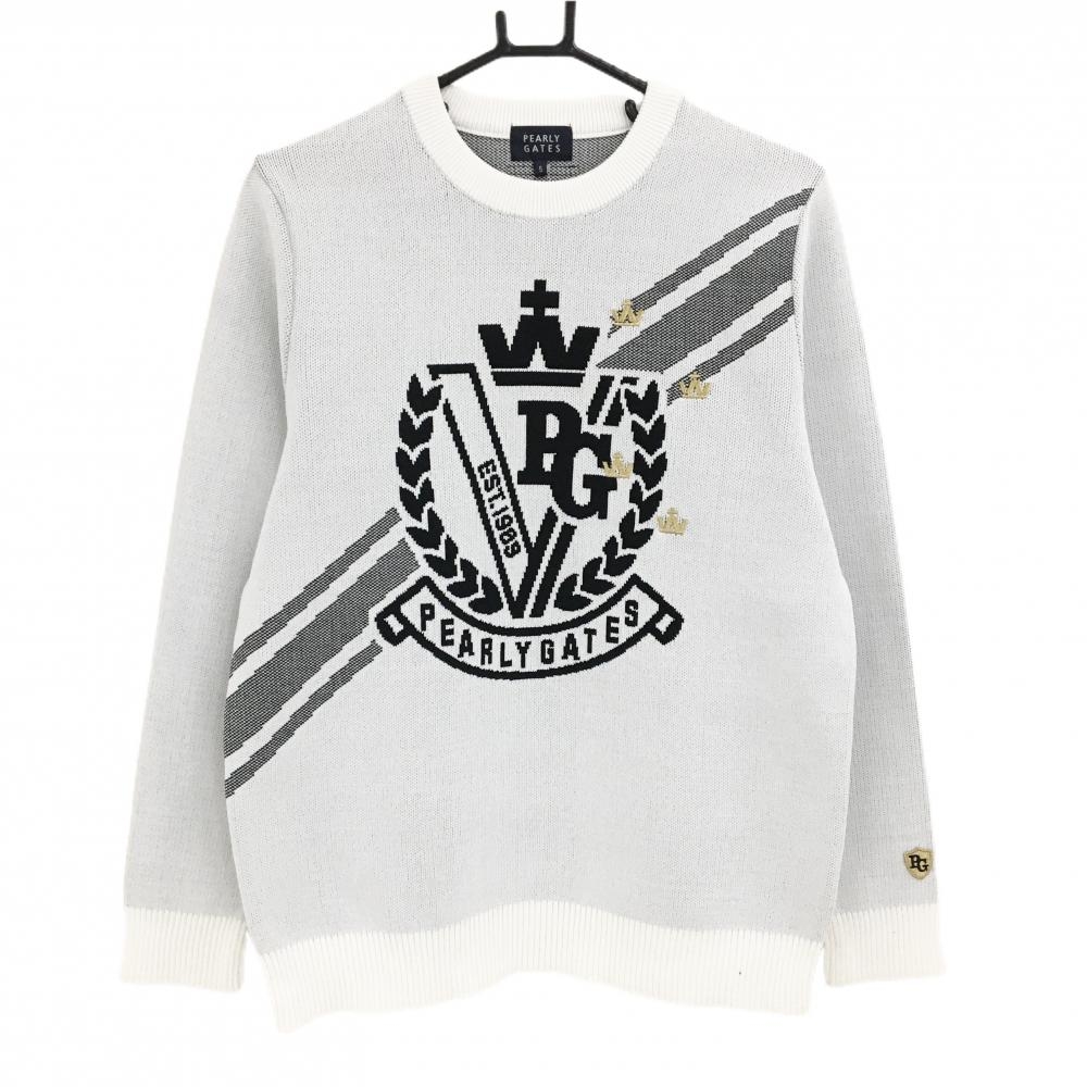 【新品】パーリーゲイツ セーター 白×黒 フロントロゴ ニット メンズ 5(L) ゴルフウェア PEARLY GATES