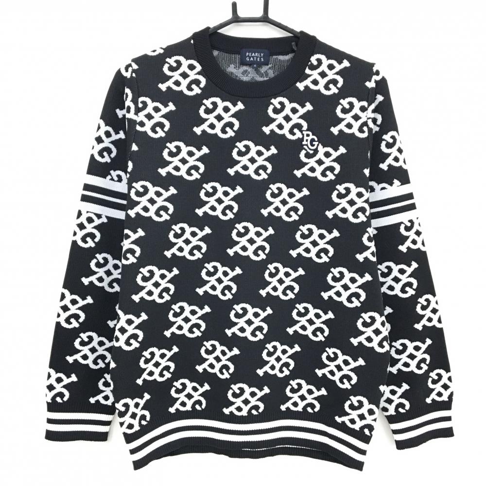 【新品】パーリーゲイツ セーター 黒×白 ロゴ総柄 胸ロゴ ニット メンズ 4(M) ゴルフウェア PEARLY GATES