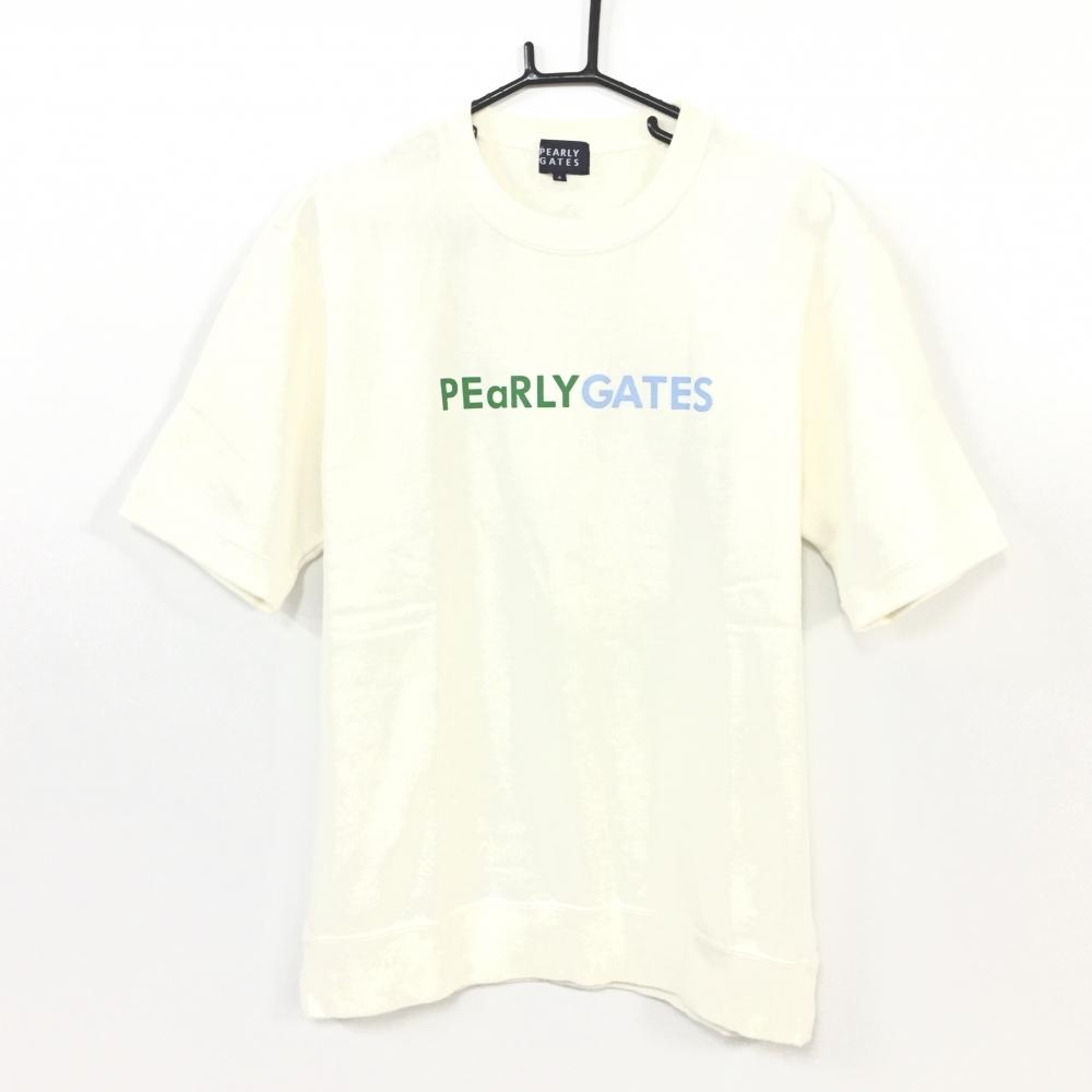 【美品】PEARLY GATES パーリーゲイツ 半袖トレーナー 白×グリーン ロゴプリント コットン100％ メンズ 4(M) ゴルフウェア