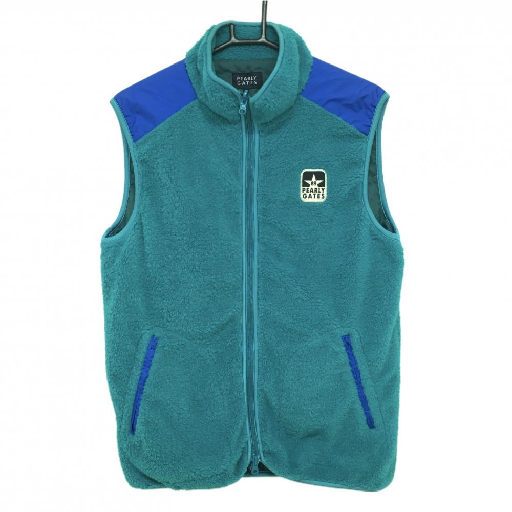 【美品】パーリーゲイツ ボアベスト グリーン×ブルー 肩切替 メンズ 5(L) ゴルフウェア PEARLY GATES