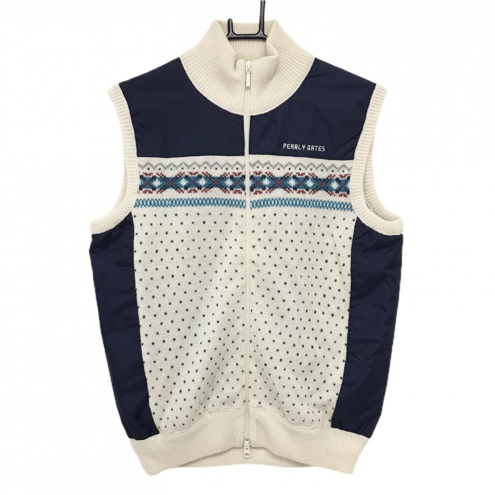 【超美品】パーリーゲイツ 中綿異素材ハイネックベスト アイボリー×ネイビー 一部中綿 前身頃柄 メンズ 4(M) ゴルフウェア PEARLY GATES