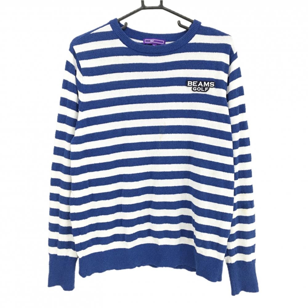 ビームスゴルフ セーター ブルー×白 ボーダー ワッペン  メンズ XL ゴルフウェア BEAMS GOLF