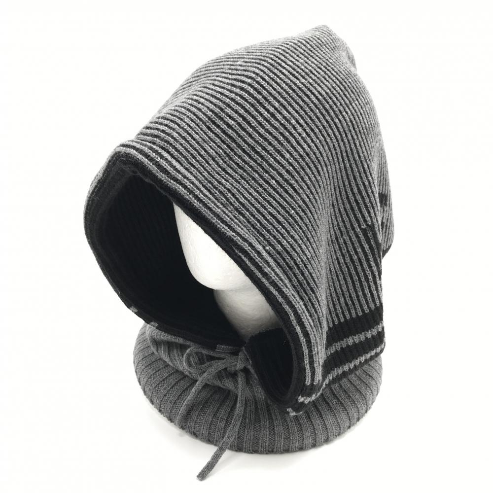 【超美品】ヒールクリーク フード付ネックウォーマー グレー×黒 ストライプ編み メンズ 40(フリー) ゴルフウェア Heal Creek