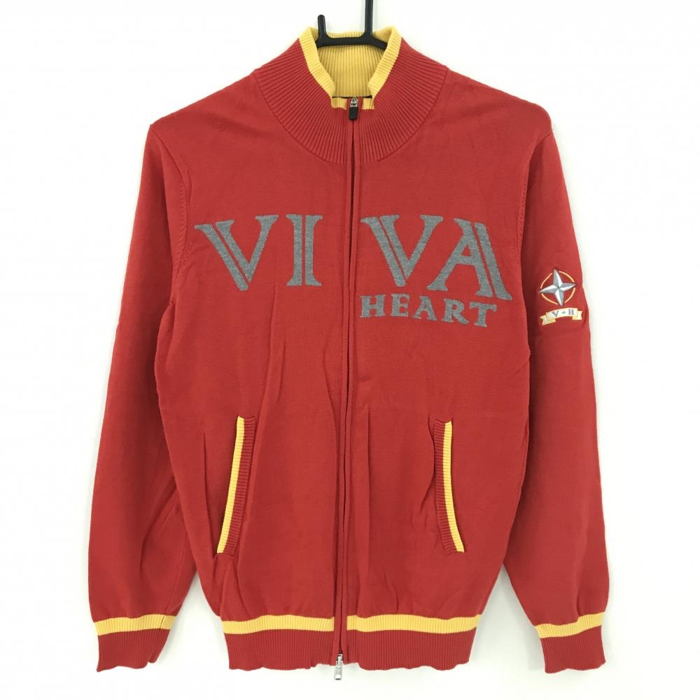 【美品】ビバハート ニットジャケット レッド×グレー×イエロー ダブルジップ 胸ロゴ メンズ 48(M) ゴルフウェア VIVA HEART