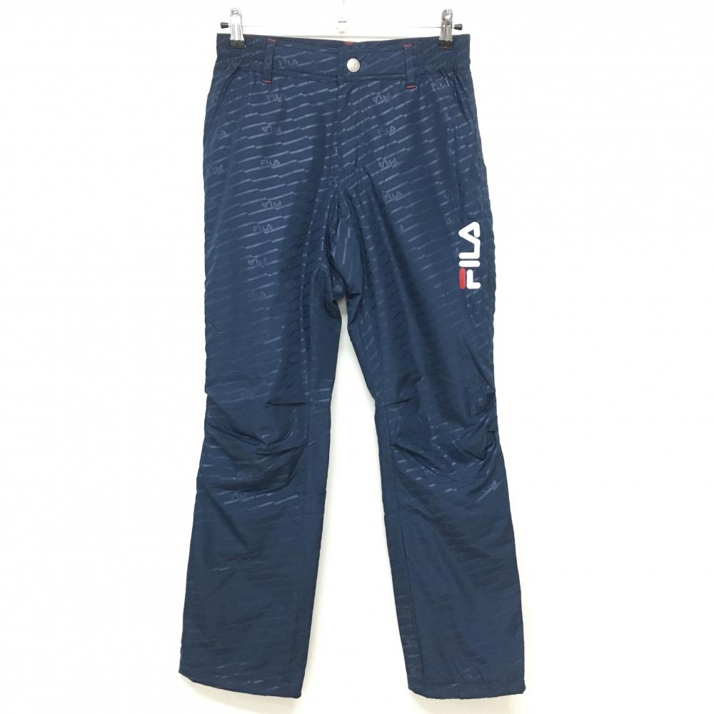 【超美品】フィラゴルフ 中綿パンツ ネイビー ロゴ総柄 ウエスト調整紐後ろゴム 裾ドローコード メンズ L ゴルフウェア FILA GOLF