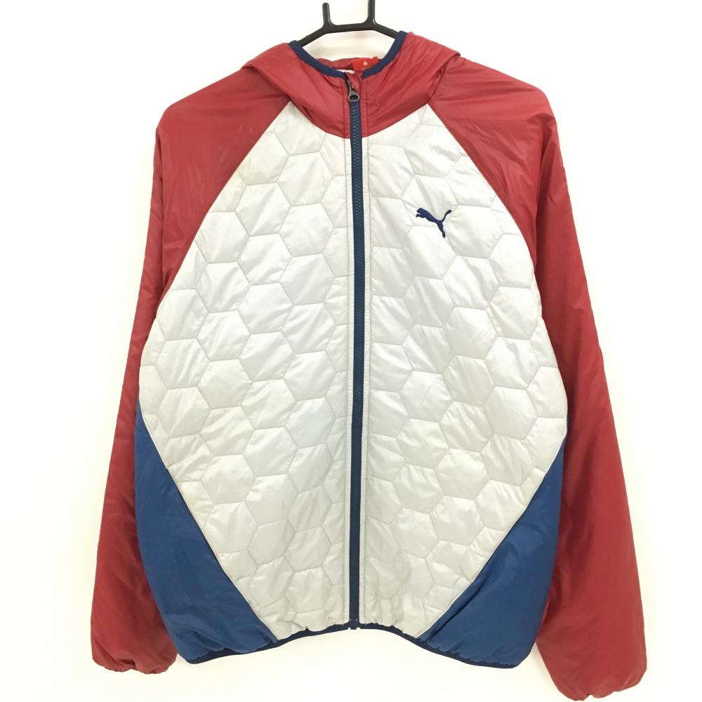 プーマ 中綿ジップパーカー ライトグレー×レッド 切替 ロゴ刺しゅう ジャケット メンズ L ゴルフウェア PUMA