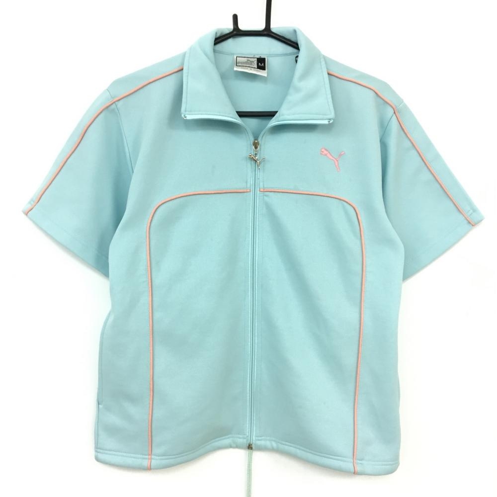PUMA プーマ 半袖ブルゾン ライトブルー×ピンク フルジップ ライン メンズ M ゴルフウェア 画像
