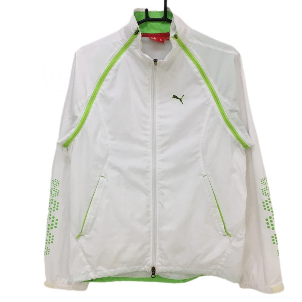 プーマ 2WAYジャケットブルゾン 白×蛍光グリーン 袖着脱可 裏地メッシュ ドローコード メンズ M ゴルフウェア PUMA