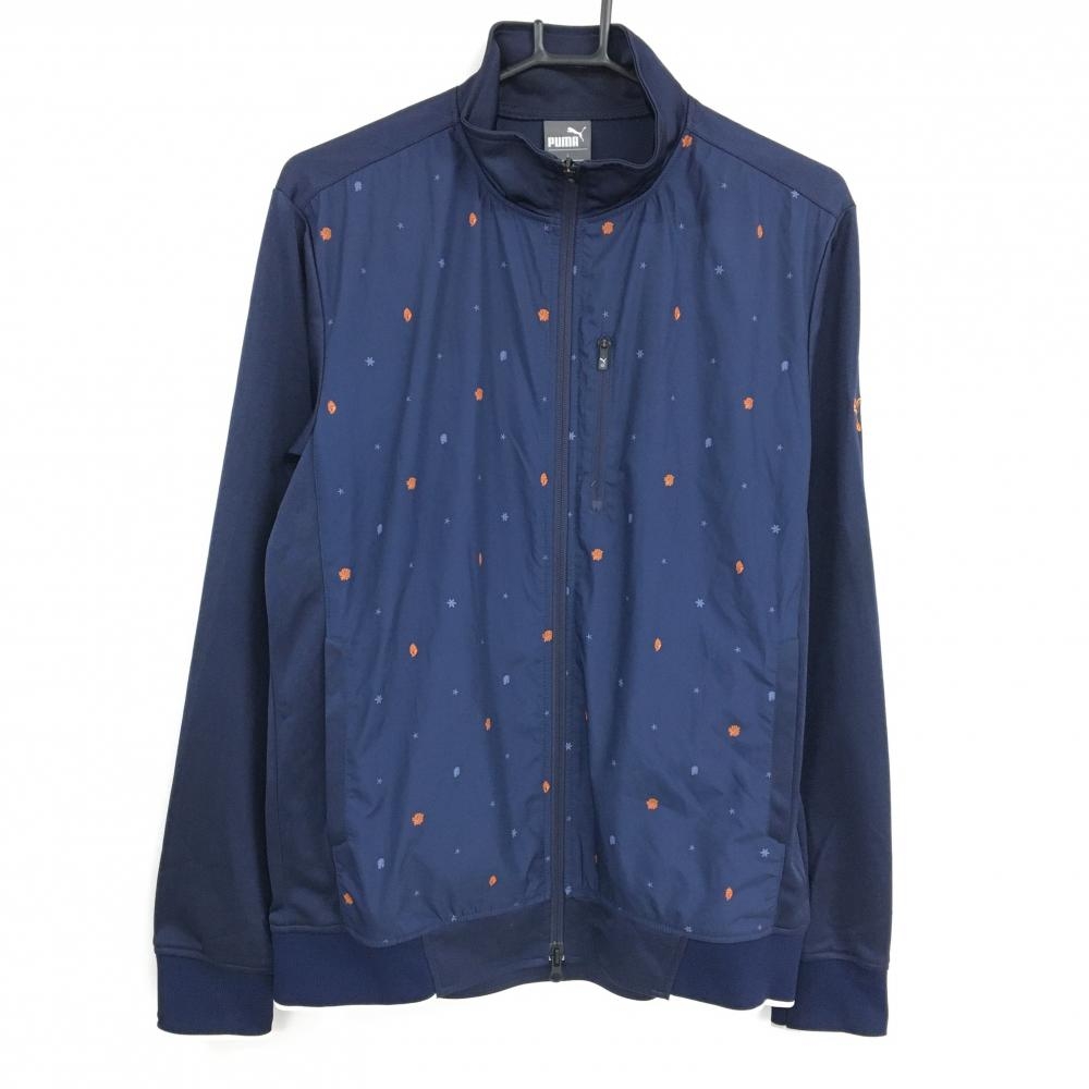 プーマ ジャケットブルゾン ネイビー×オレンジ 前身頃総柄 貝 ヒトデ 袖ロゴ  メンズ L ゴルフウェア PUMA