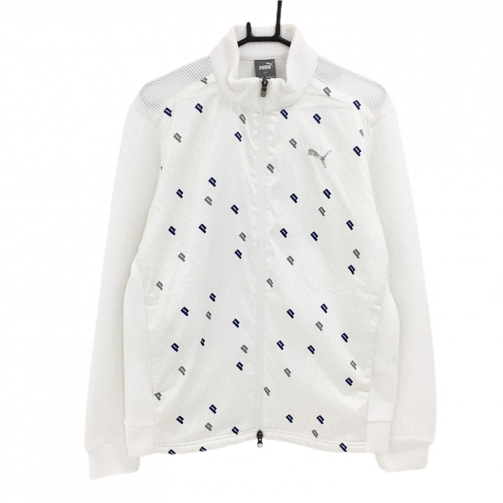 【超美品】プーマ 切替ニットジャケット 白×ライトグレー 前身頃英字柄 立体ロゴ メンズ L ゴルフウェア PUMA