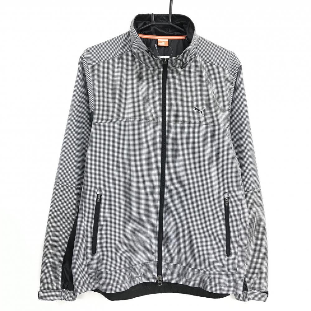 【美品】プーマ ジャケット 白×黒 ギンガムチェック ダブルジップ ロゴ刺しゅう 裏地メッシュ メンズ O ゴルフウェア PUMA