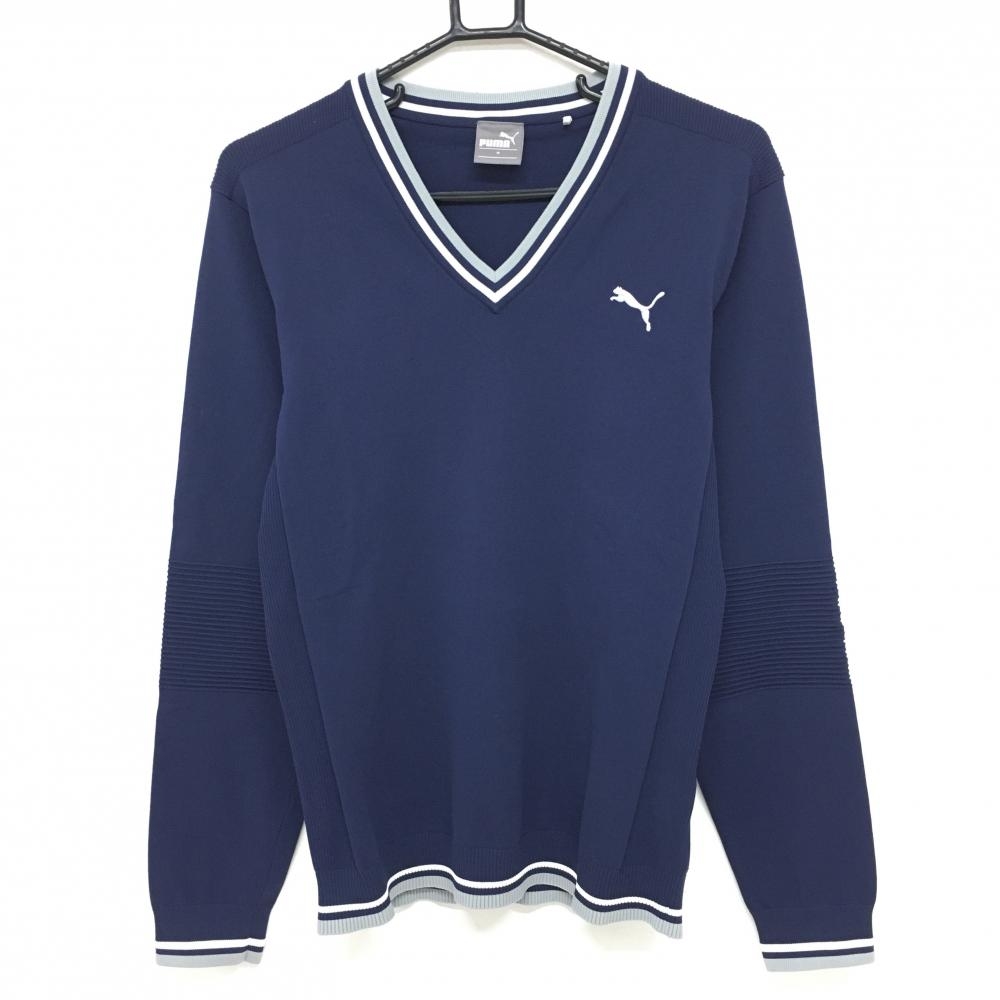 【美品】プーマ セーター ネイビー Vネックライン ロゴ刺しゅう ニット メンズ M ゴルフウェア PUMA