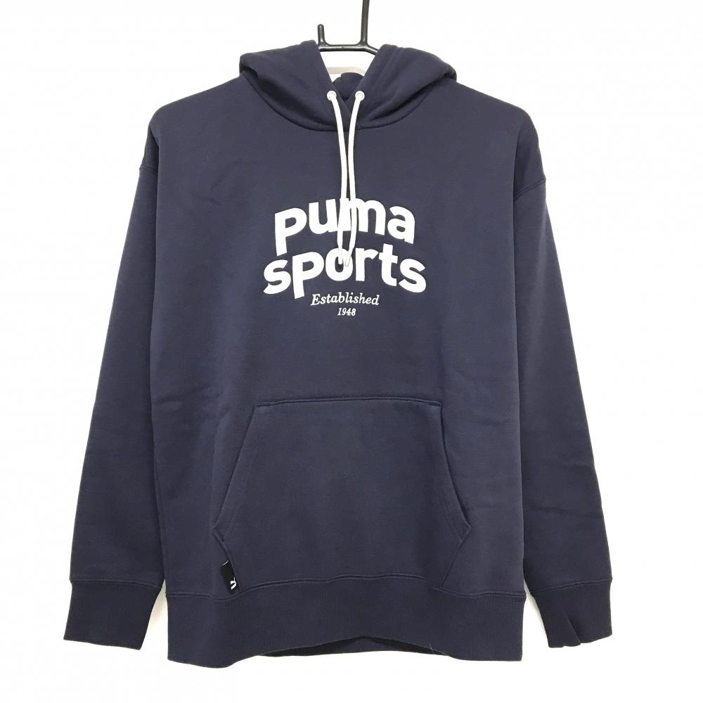 【超美品】プーマ パーカー ネイビー フロントロゴ刺しゅう 裏起毛 メンズ US-XS ゴルフウェア PUMA