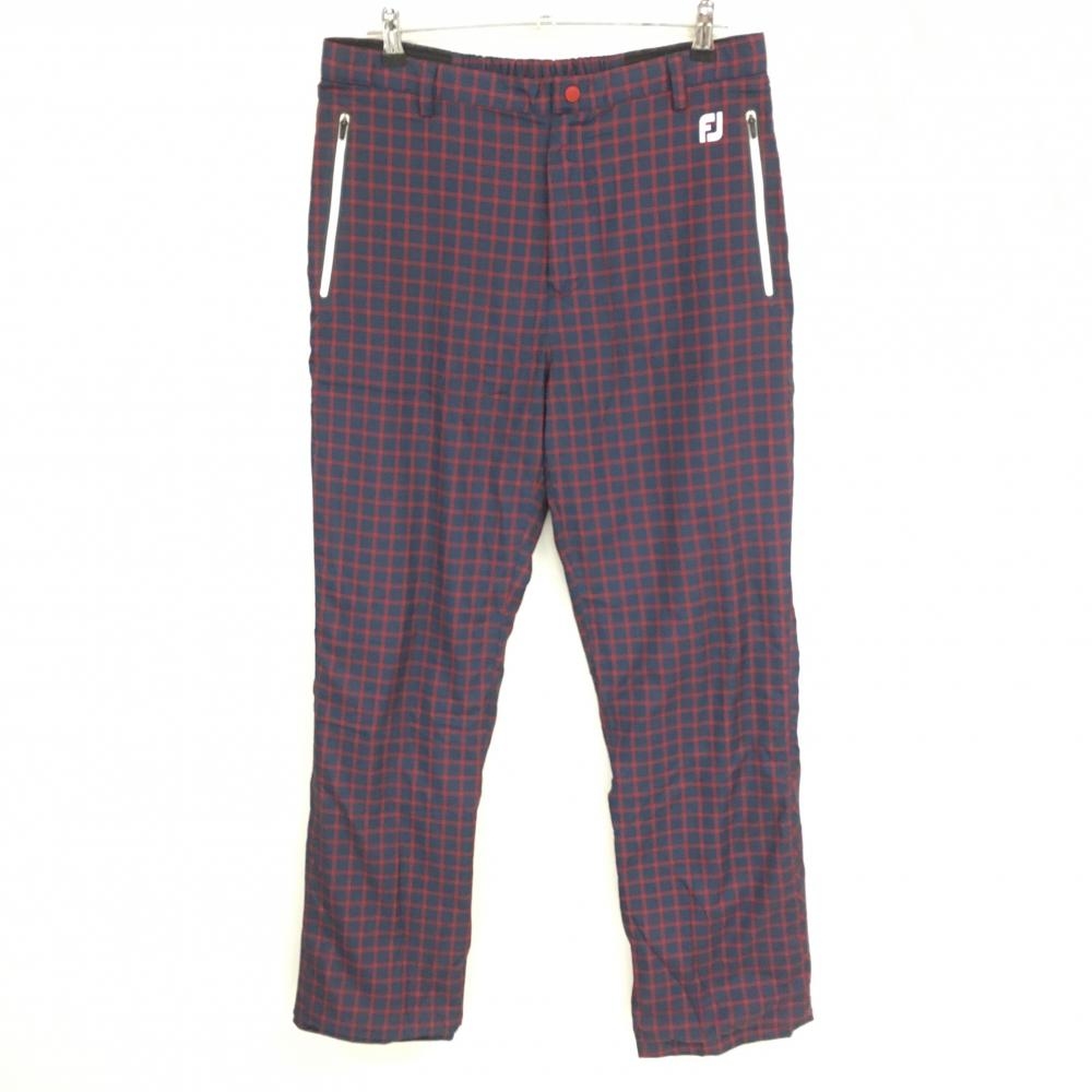 【美品】フットジョイ パンツ ネイビー×レッド 格子チェック 裏微起毛 後ろウエストゴム メンズ XL ゴルフウェア FootJoy