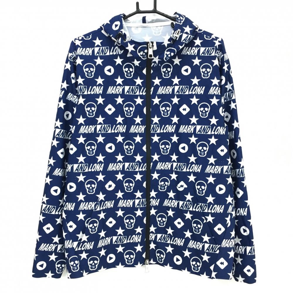 【超美品】マークアンドロナ ジップパーカー ネイビー×白 スカル・星総柄 一部パンチング  メンズ 48(L) ゴルフウェア MARK＆LONA