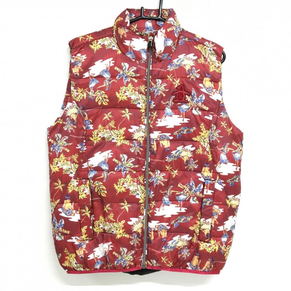 【超美品】マンシングウェア 中綿ベスト レッド×イエロー 総柄 マリン柄 メンズ L ゴルフウェア Munsingwear