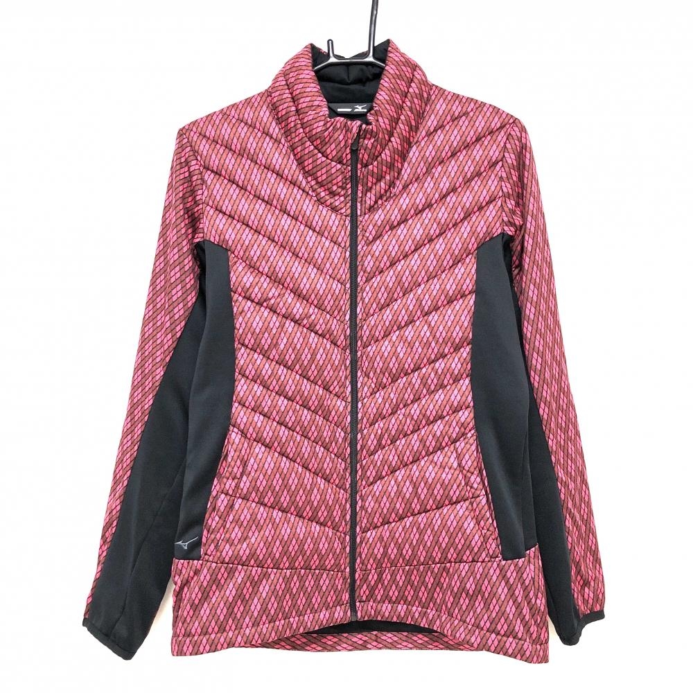 【超美品】ミズノゴルフ 中綿ジャケット ピンク×ブラウン ダイヤ柄 身頃中綿 袖下・サイド切替 メンズ M ゴルフウェア MIZUNO