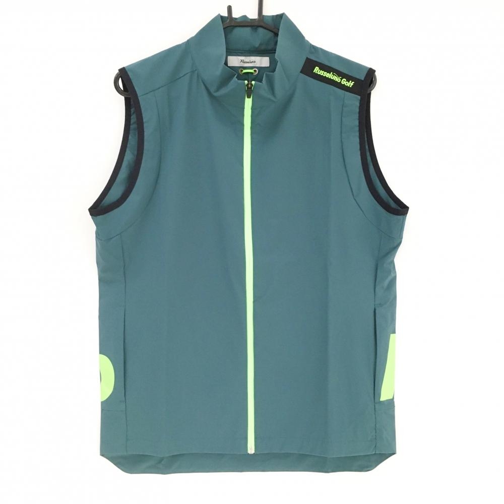 【超美品】ラッセルノ アウターベスト グリーン×ライトグリーン バックロゴ 背面一部メッシュ メンズ 5(L) ゴルフウェア RUSSELUNO